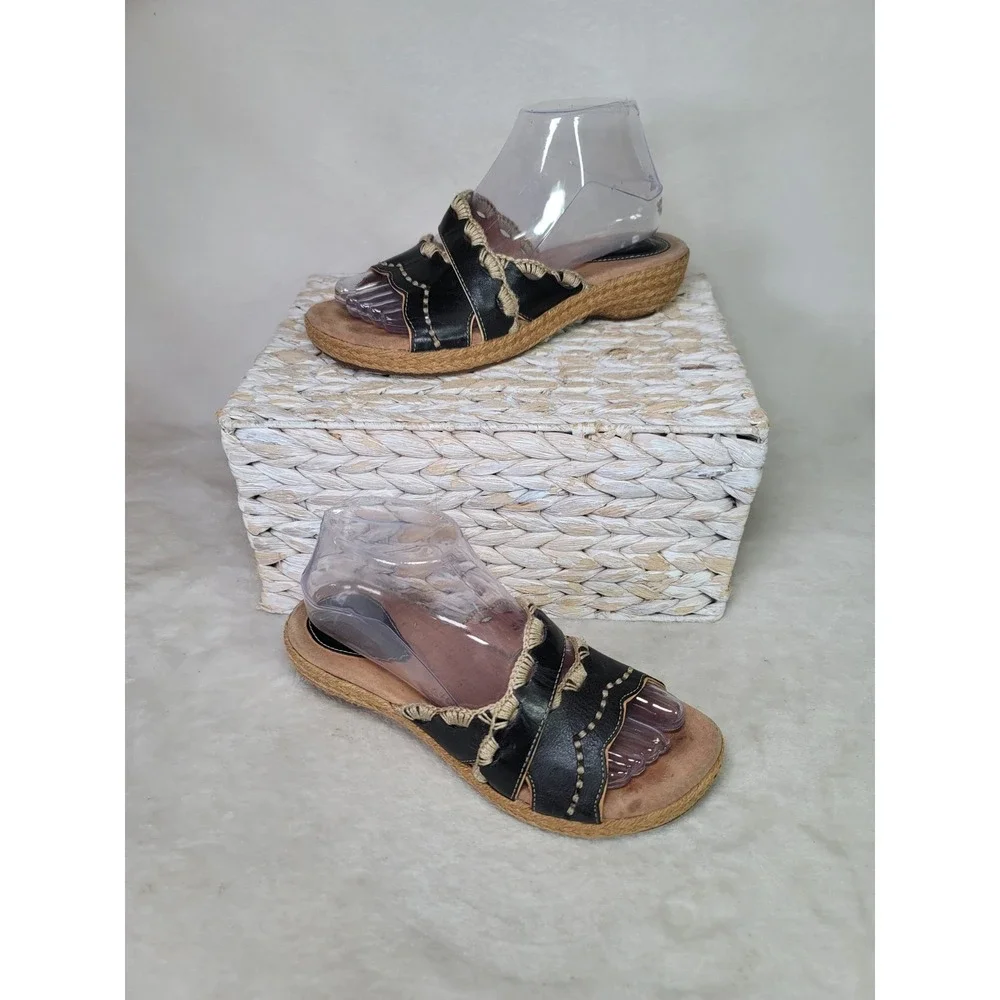 Clarks Artisan Boho Chic Black Leather Whipstitch Sandals 7.5 Festival Low Wedge